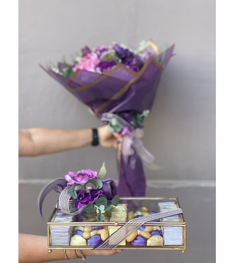 Royal Purple Yapay Buket & Gold Çikolata Kutusu Söz-Nişan Setimiz