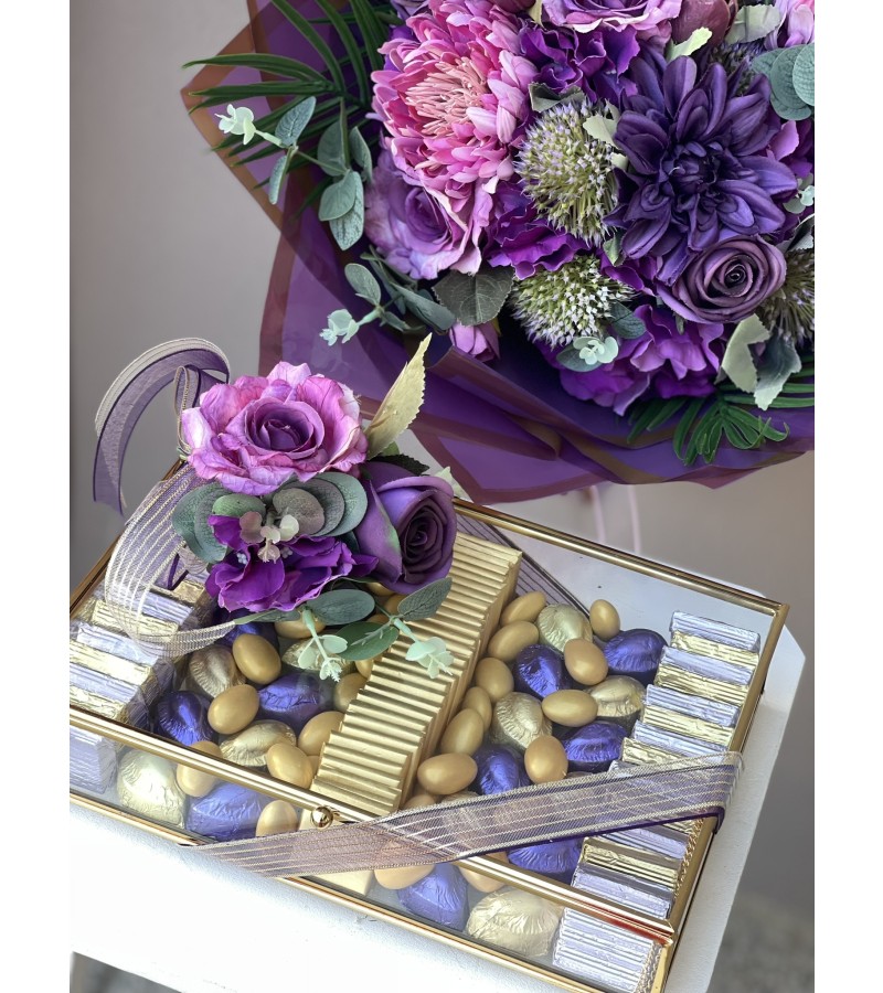 Royal Purple Yapay Buket & Gold Çikolata Kutusu Söz-Nişan Setimiz