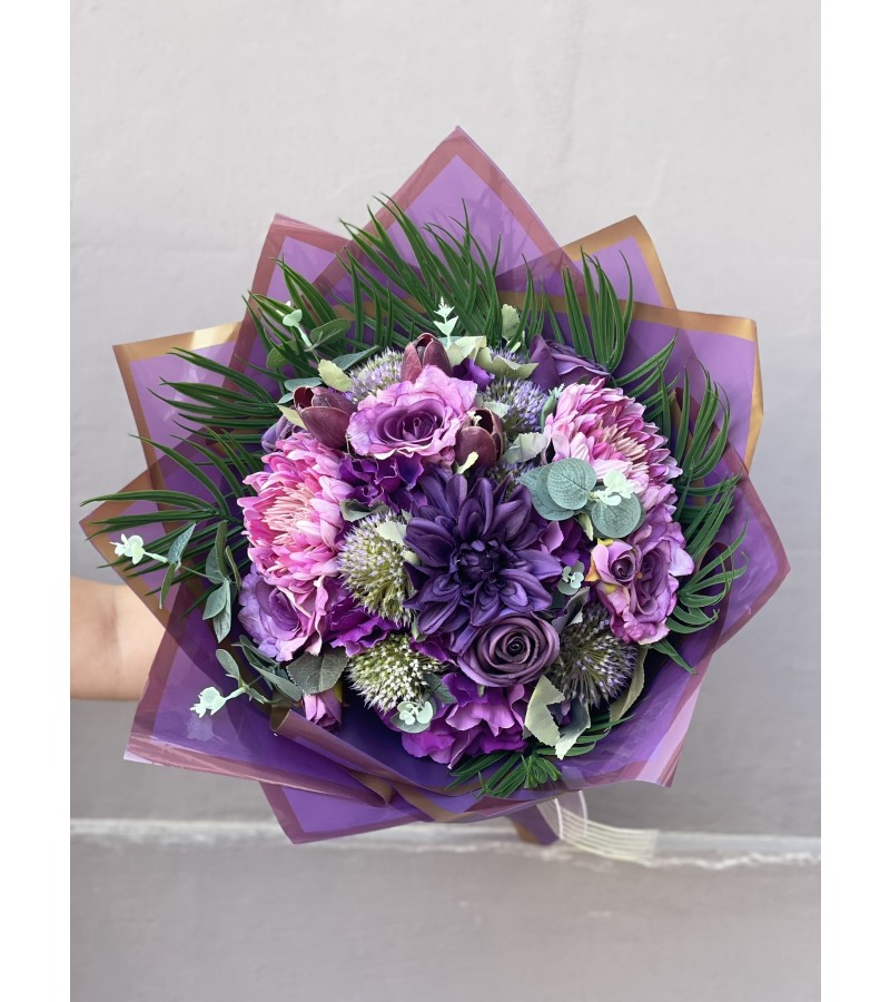 Royal Purple Yapay Buket & Gold Çikolata Kutusu Söz-Nişan Setimiz