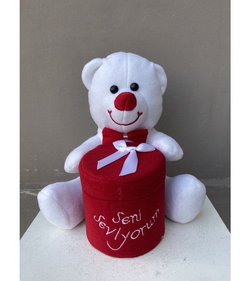 Kırmızı & Beyaz & Silver Seni Seviyorum Ayıcıklı Kutuda Çikolatalar