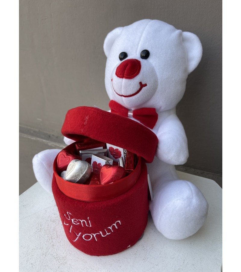 Kırmızı & Beyaz & Silver Seni Seviyorum Ayıcıklı Kutuda Çikolatalar