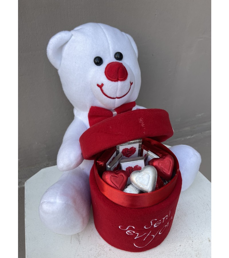 Kırmızı & Beyaz & Silver Seni Seviyorum Ayıcıklı Kutuda Çikolatalar