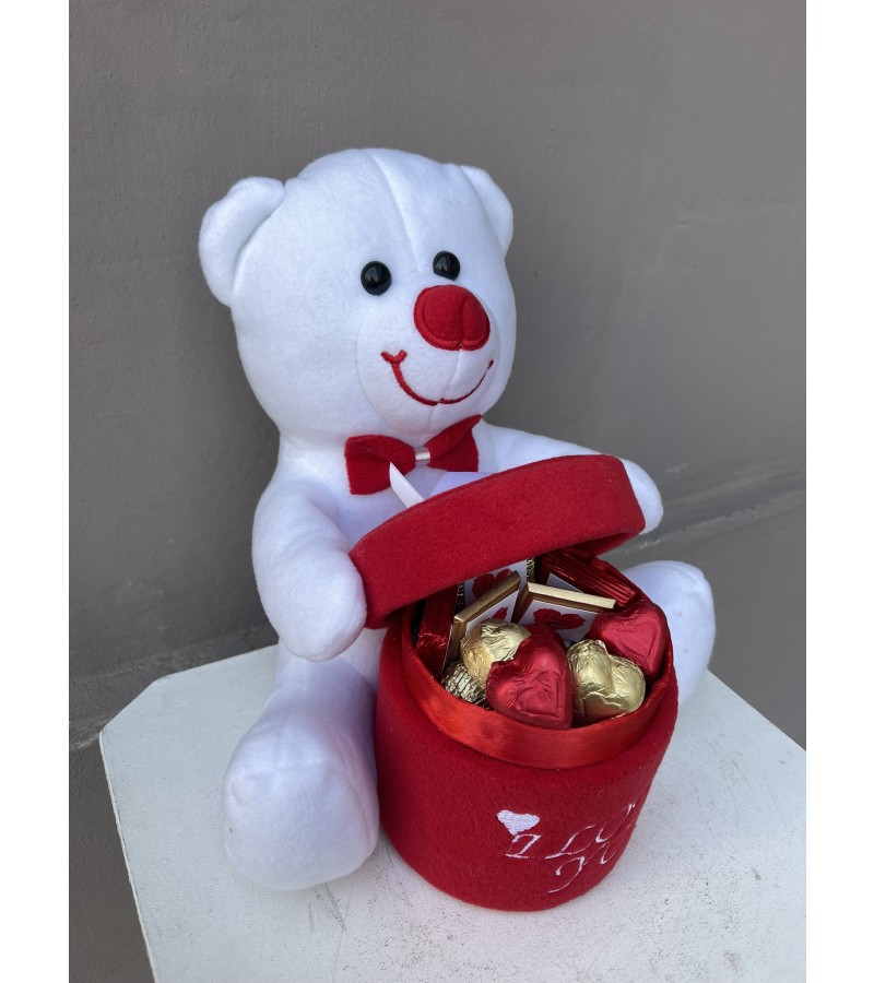 Kırmızı & Beyaz & Gold Seni Seviyorum Ayıcıklı Kutuda Çikolatalar