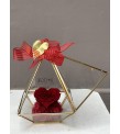 Gold Kenarlı Cam Prizma Fanusta Kırmızı Kalp Solmayan Gül