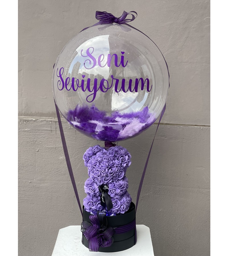 Mor Konsept Balonlu, Çikolatalı Rose Teddy Bear