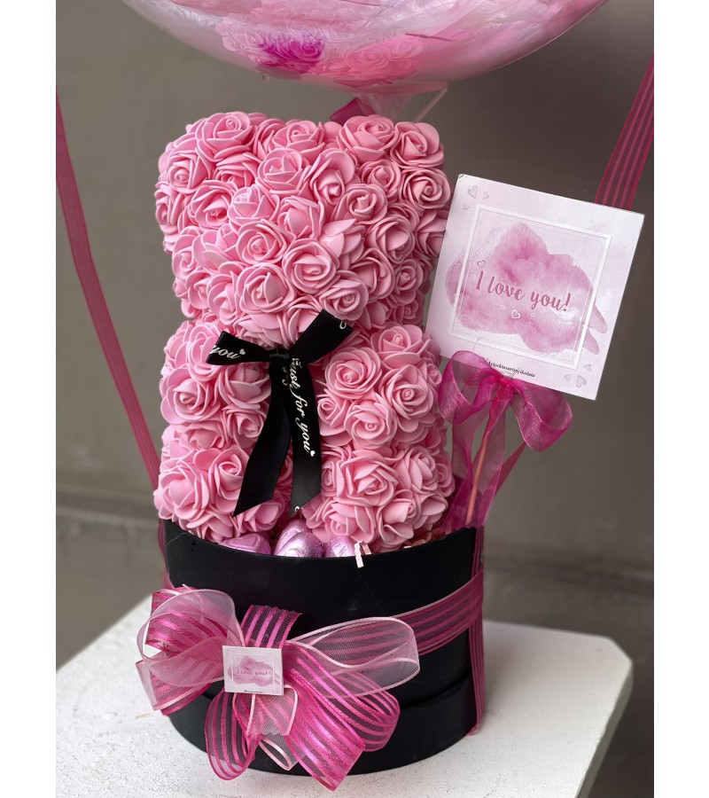Pembe Konsept Balonlu, Çikolatalı Rose Teddy Bear