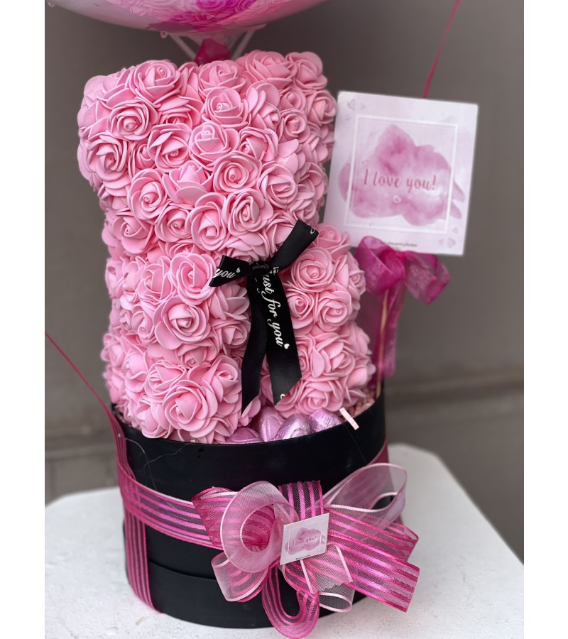 Pembe Konsept Balonlu, Çikolatalı Rose Teddy Bear