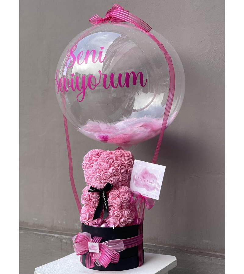 Pembe Konsept Balonlu, Çikolatalı Rose Teddy Bear