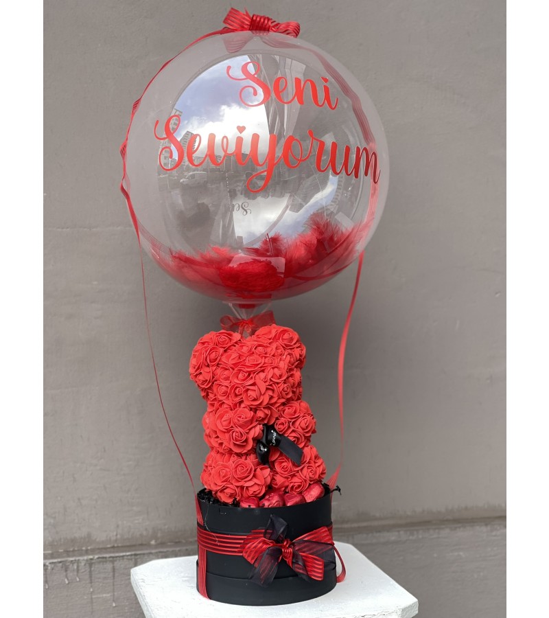 Kırmızı Konsept Balonlu, Çikolatalı Rose Teddy Bear