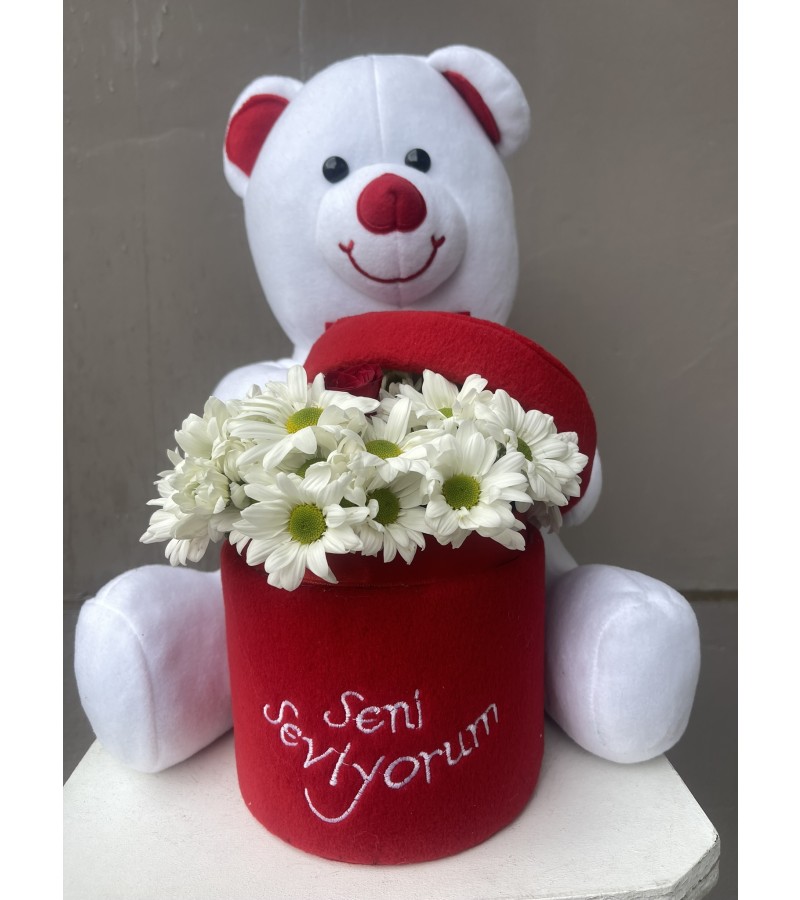 Seni Seviyorum Ayıcıklı Tek Gül Papatya