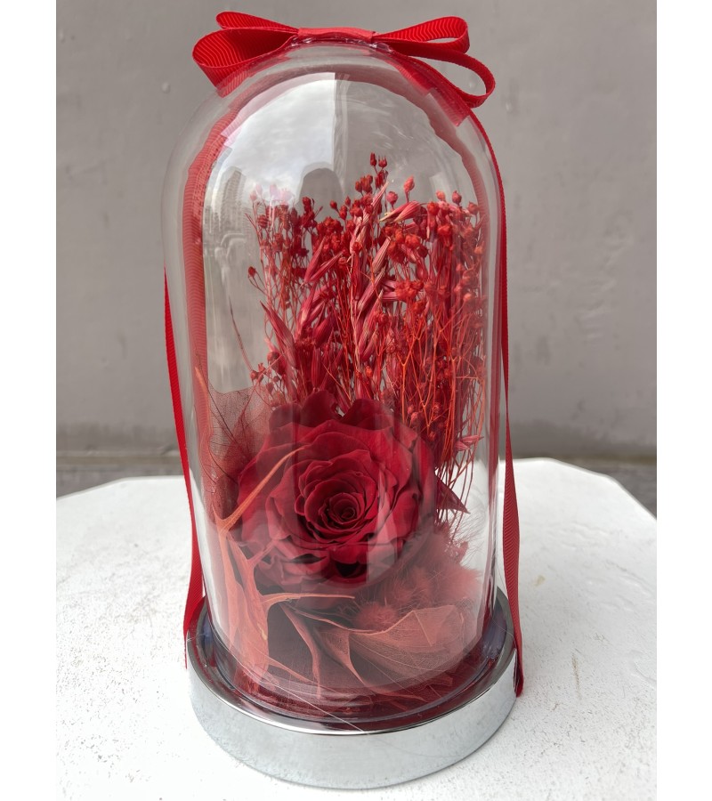 Kırmızı Kuru Çiçekli Solmayan Gül Aranjmanı