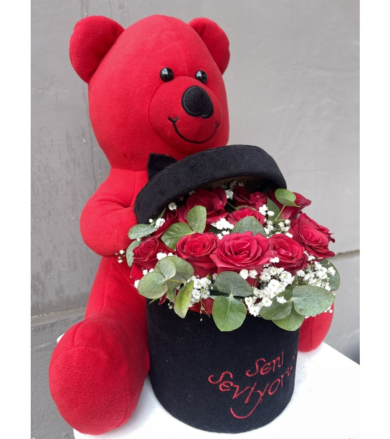 Seni Seviyorum Ayıcıklı Kırmızı Güller