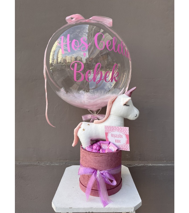 Unicorn Kadife Kutu Çikolata Konseptli Balonlu Kutu