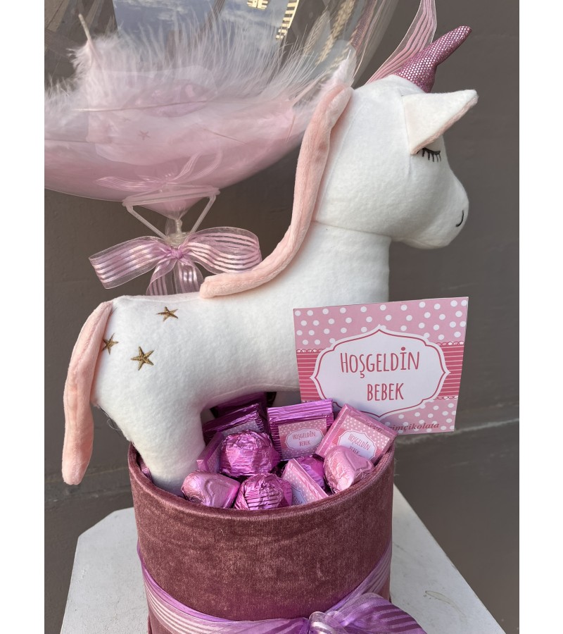 Unicorn Kadife Kutu Çikolata Konseptli Balonlu Kutu