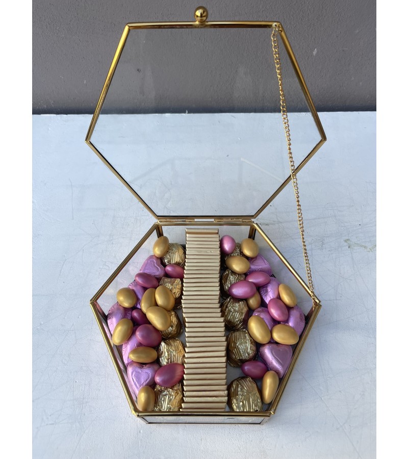 Mini Altıgen Cam Kutuda Pembe&Gold Kalpli Çikolata Kutusu