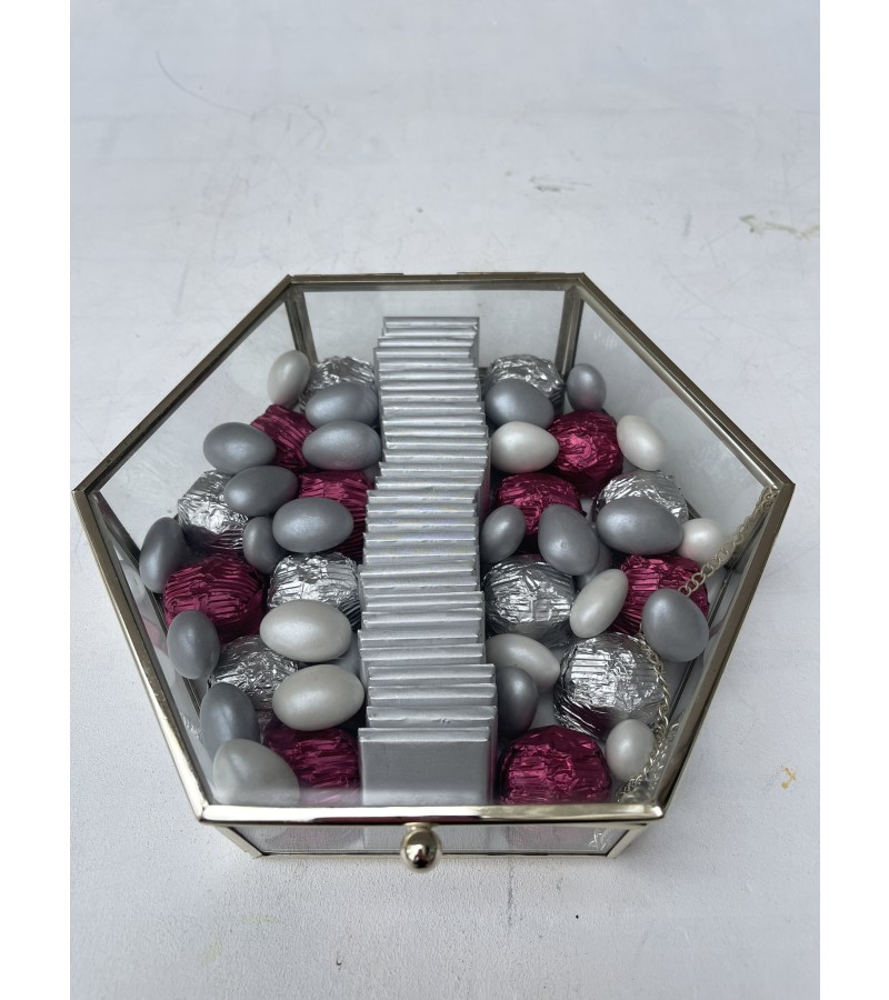Mini Altıgen Cam Kutuda Fuşya&Gümüş Çikolata Kutusu