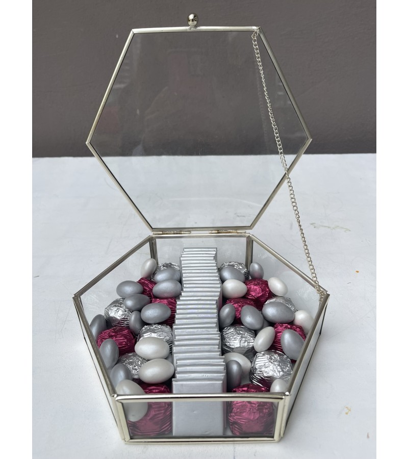 Mini Altıgen Cam Kutuda Fuşya&Gümüş Çikolata Kutusu