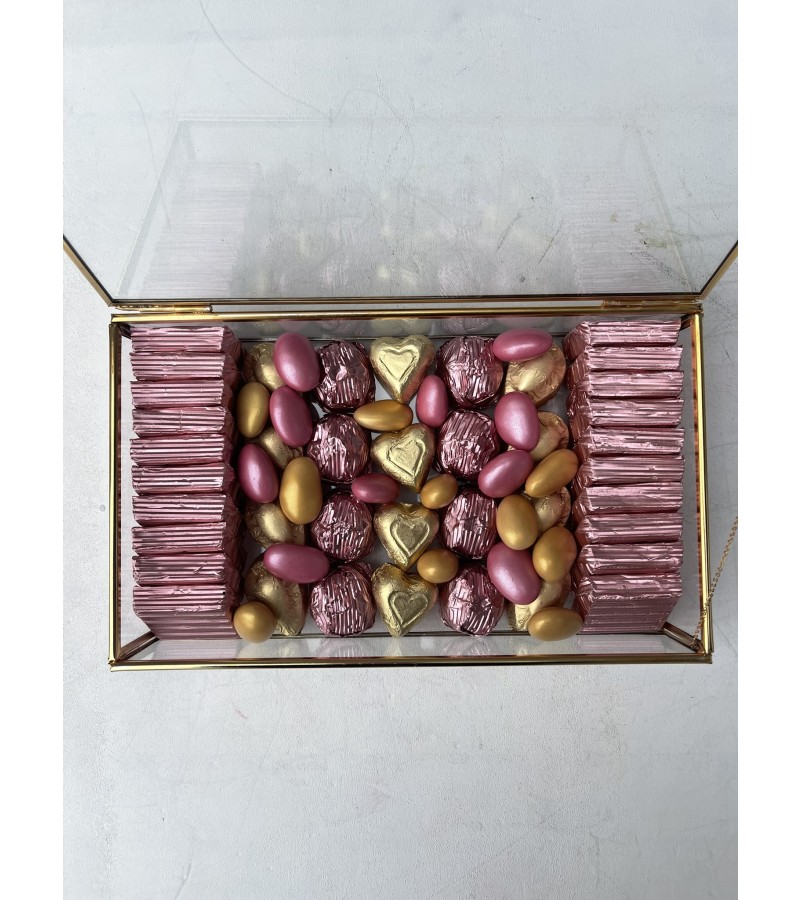 Cam Kutuda Pudra Pembe&Gold Kalpli Nişan Çikolata Kutusu