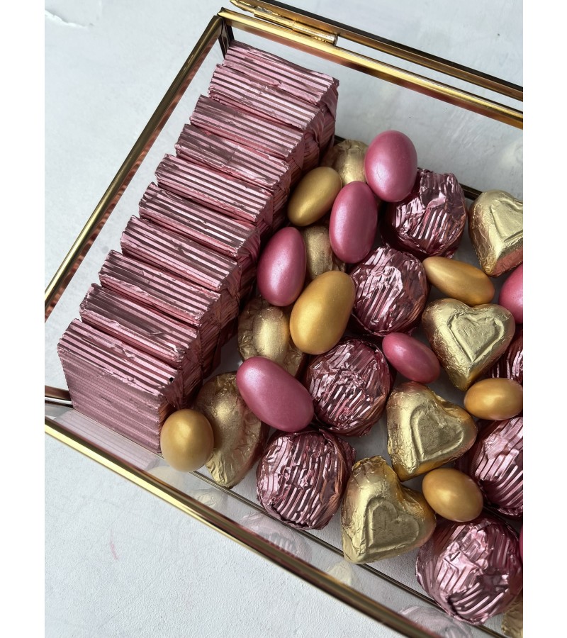 Cam Kutuda Pudra Pembe&Gold Kalpli Nişan Çikolata Kutusu