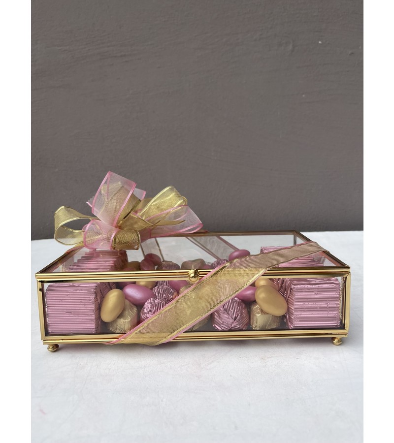 Cam Kutuda Pudra Pembe&Gold Kalpli Nişan Çikolata Kutusu