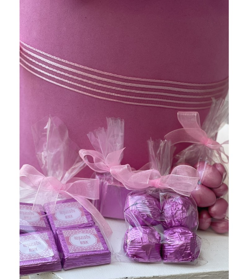 Balonlu Tavşan Kutusu - Pembe Çiçekli Hoş Geldin Bebek Hediyesi