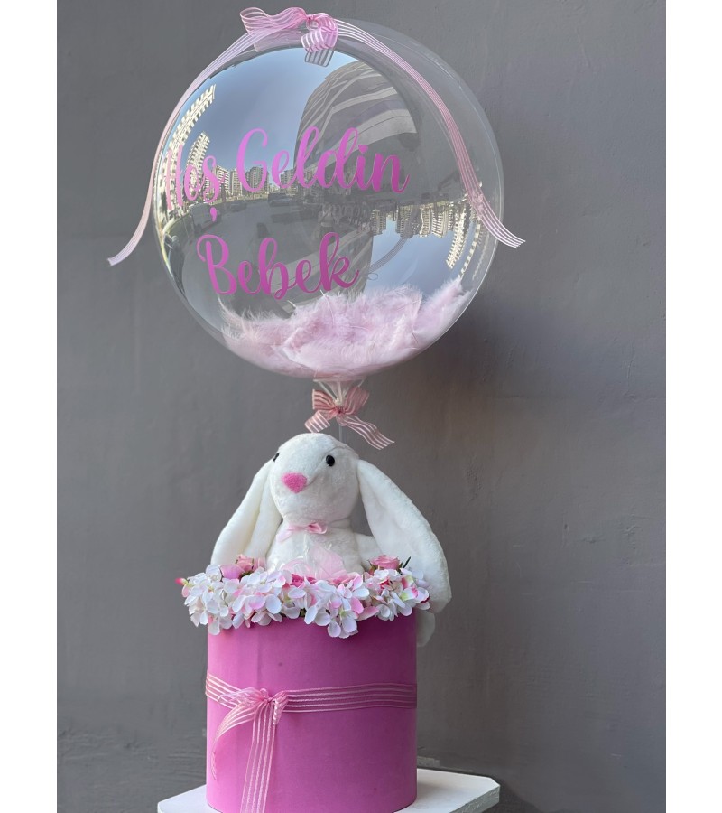 Balonlu Tavşan Kutusu - Pembe Çiçekli Hoş Geldin Bebek Hediyesi