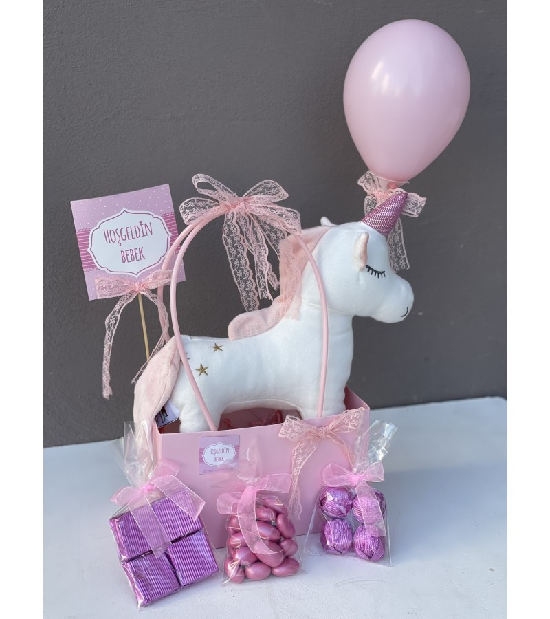 Pembe Unicorn Temalı Hoşgeldin Bebek Hediye Çantası