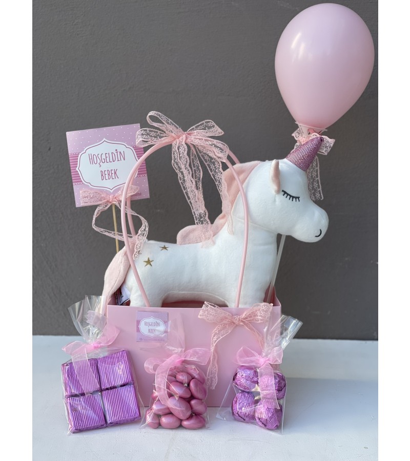 Pembe Unicorn Temalı Hoşgeldin Bebek Hediye Çantası