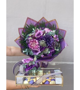 Royal Purple Yapay Buket & Gold Çikolata Kutusu Söz-Nişan Setimiz