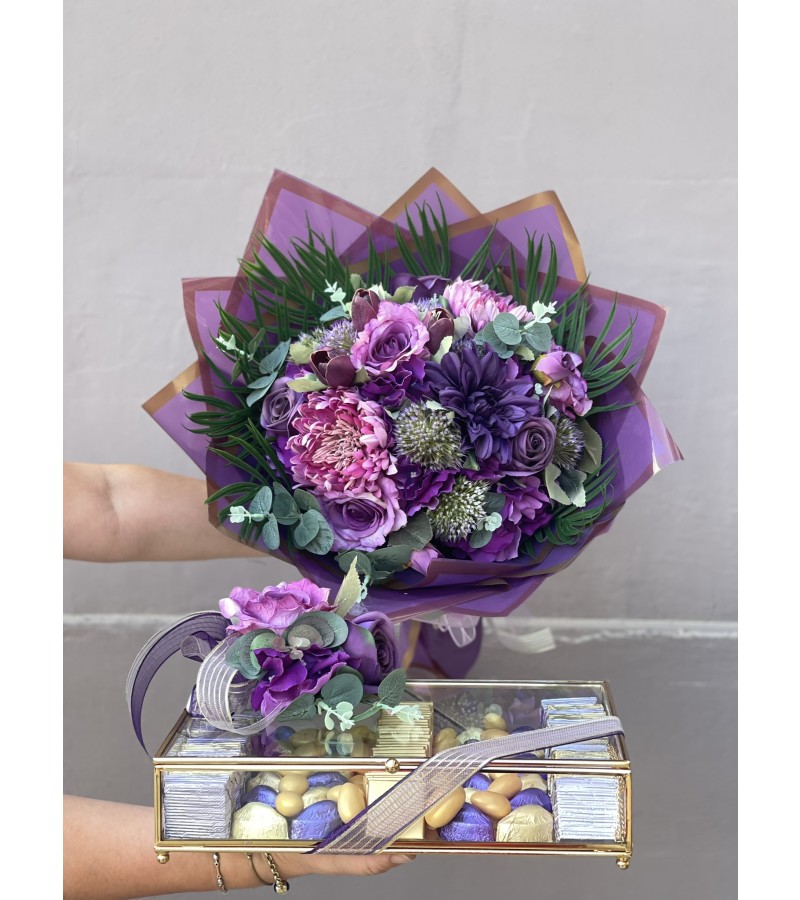 Royal Purple Yapay Buket & Gold Çikolata Kutusu Söz-Nişan Setimiz