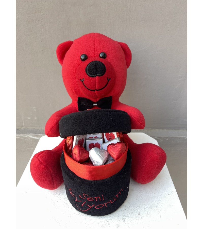 Kırmızı & Siyah & Silver Seni Seviyorum Ayıcıklı Kutuda Çikolatalar