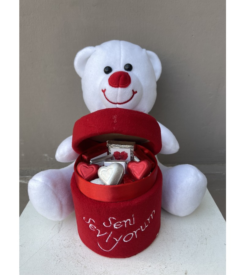 Kırmızı & Beyaz & Silver Seni Seviyorum Ayıcıklı Kutuda Çikolatalar