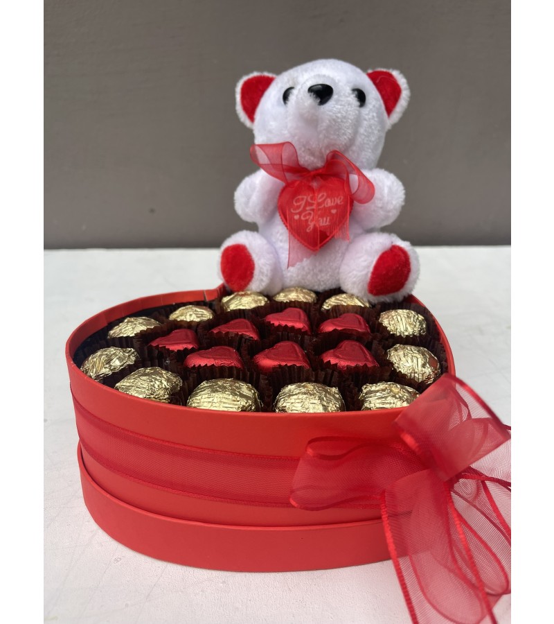 Kalp Kırmızılı Ayıcıklı Çikolata Kutusu