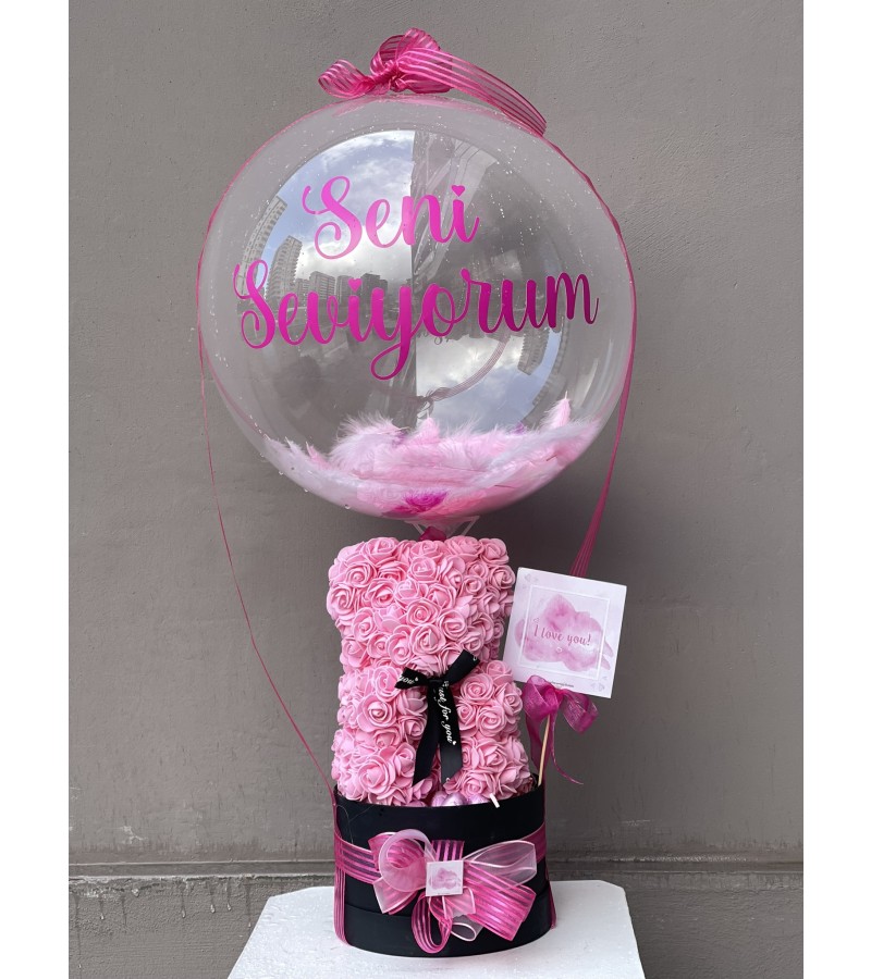 Pembe Konsept Balonlu, Çikolatalı Rose Teddy Bear