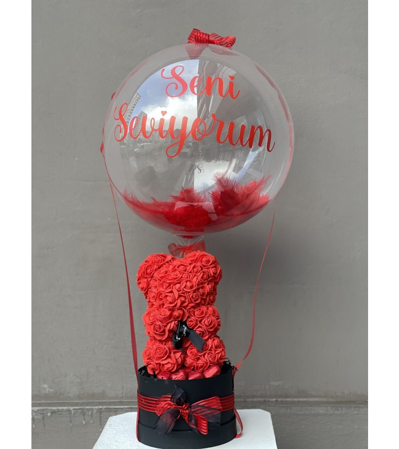 Kırmızı Konsept Balonlu, Çikolatalı Rose Teddy Bear