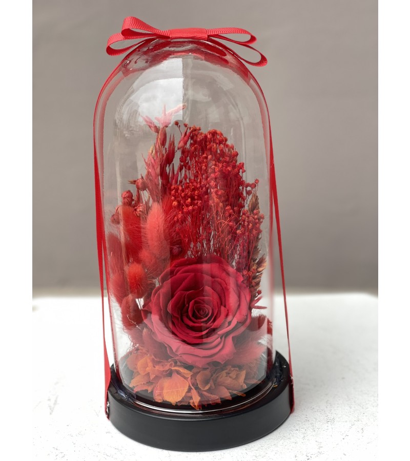 Kırmızı Kuru Çiçekli Solmayan Gül Aranjmanı