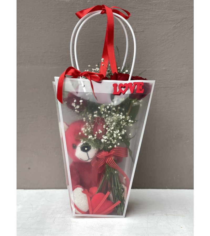 Şık Beyaz ÇantalI, Ayıcıklı Kırmızı Gül Buketi