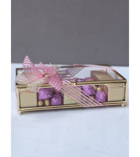 Cam Kutuda Pembe&Gold Nişan Çikolata Kutusu