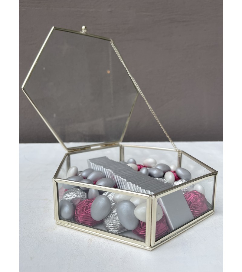 Mini Altıgen Cam Kutuda Fuşya&Gümüş Çikolata Kutusu