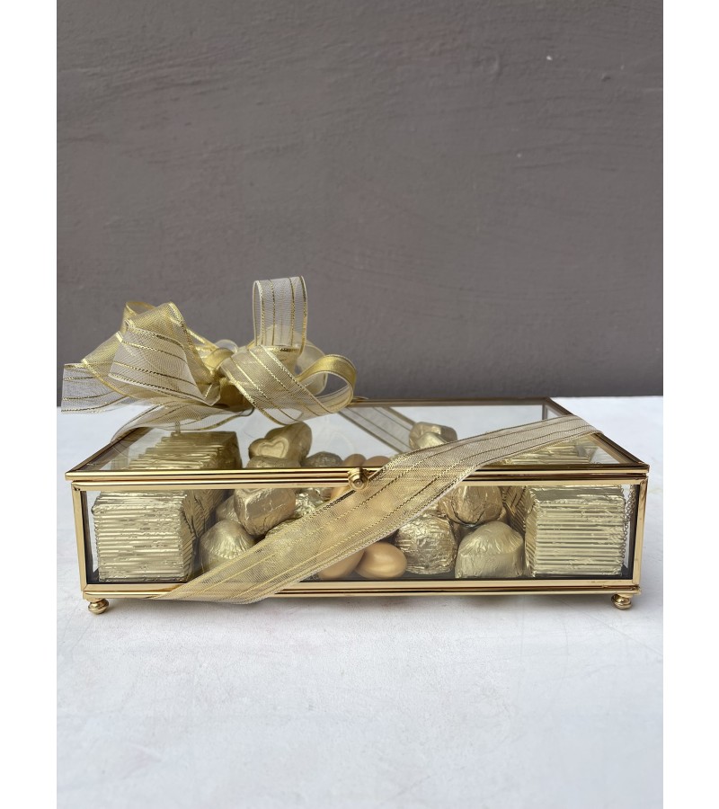 Cam Kutuda Full Gold Kalpli Nişan Çikolata Kutusu