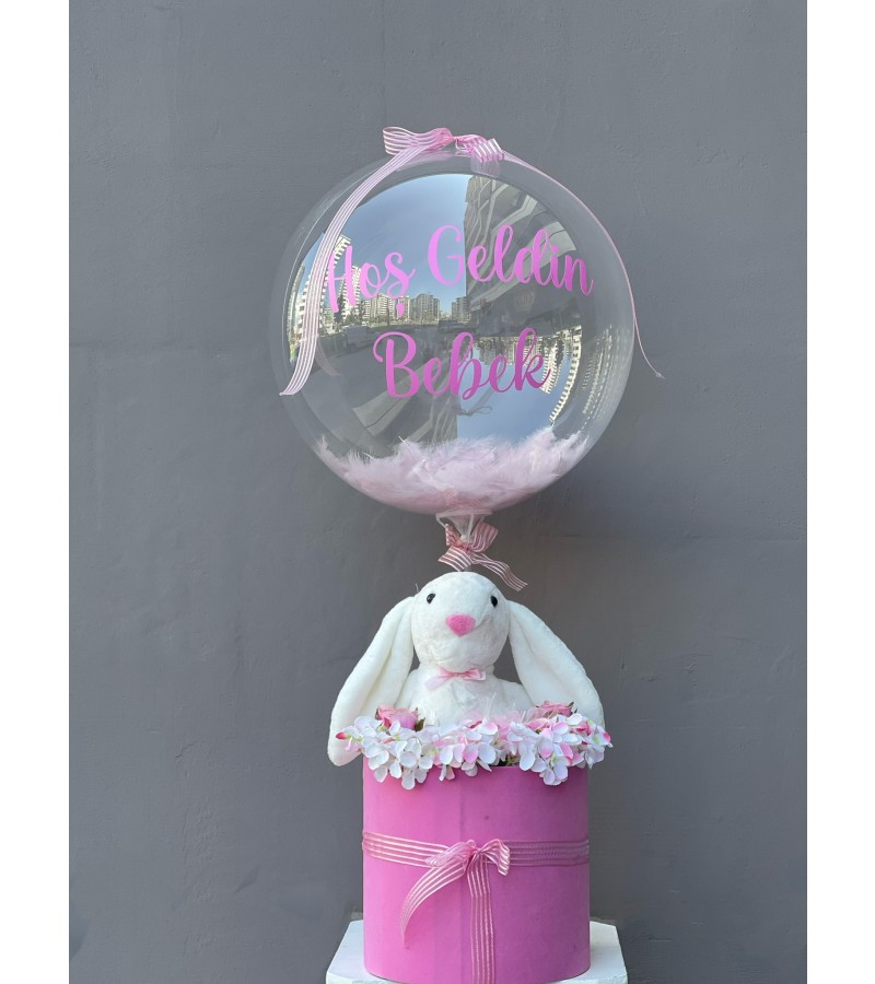 Balonlu Tavşan Kutusu - Pembe Çiçekli Hoş Geldin Bebek Hediyesi