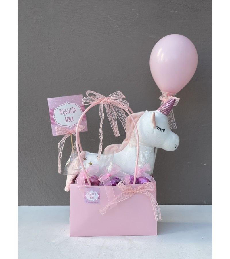 Pembe Unicorn Temalı Hoşgeldin Bebek Hediye Çantası